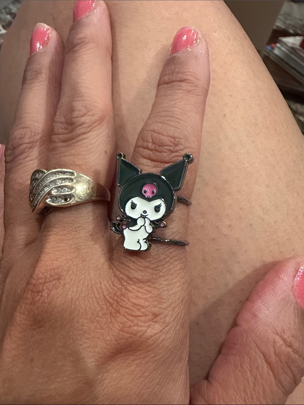 Kuromi-Inspired Black & White Enamel Ring with Pink Accent
